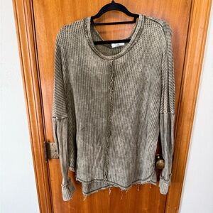 Washed Olive Green Waffle Knit Womens Top